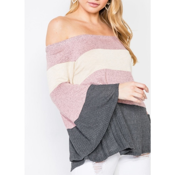 Soft Cozy Off Shoulder Color Block Bell Sleeve Top - Picture 4 of 8